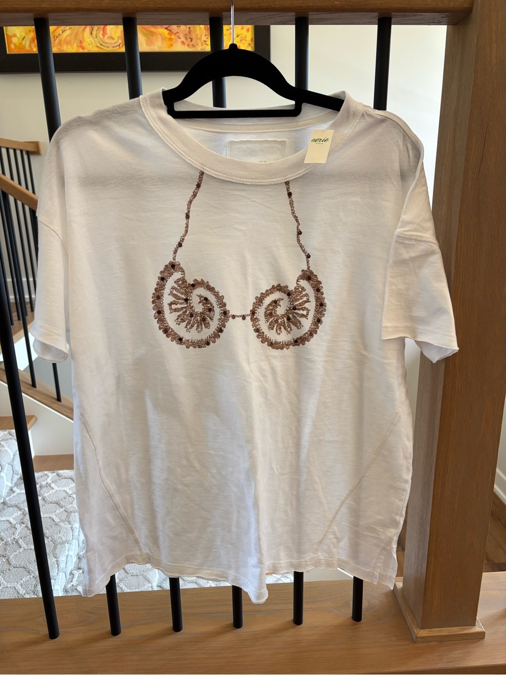 Aerie NWT Oversized Crew White Seashell Sequin Boyfriend T-Shirt - Picture 3 of 8
